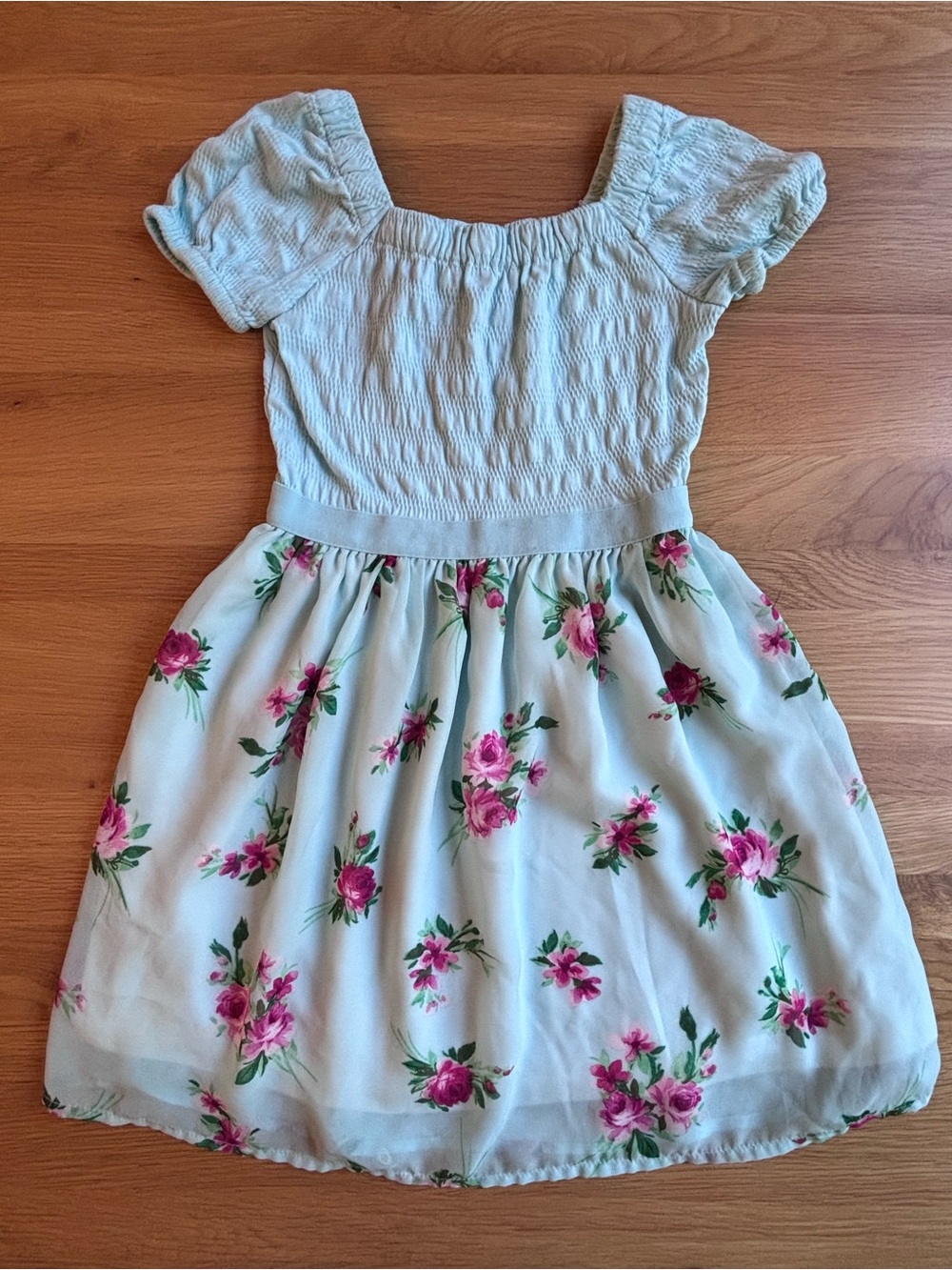 Place Light Blue Floral Puff-Sleeve Dress with Pink Roses